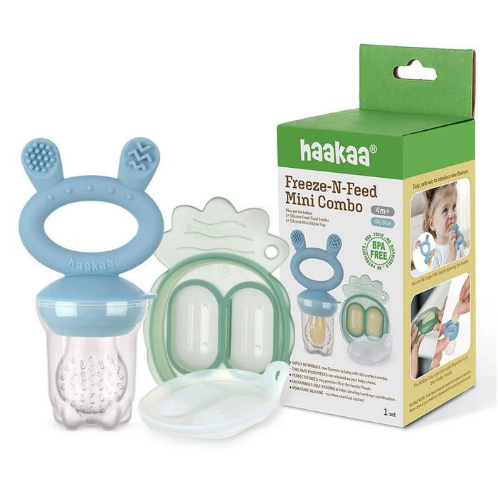 
    Alimentador Infantil de Silicone + Bandeja Haakaa Freeze-N-Feed Mini Sky Blue - Haakaa Babytunes
  