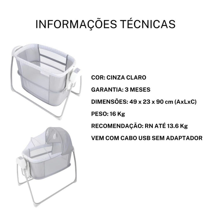 
    Berço Techno Automático Com Bluetooth Mastela Cinza Claro
  