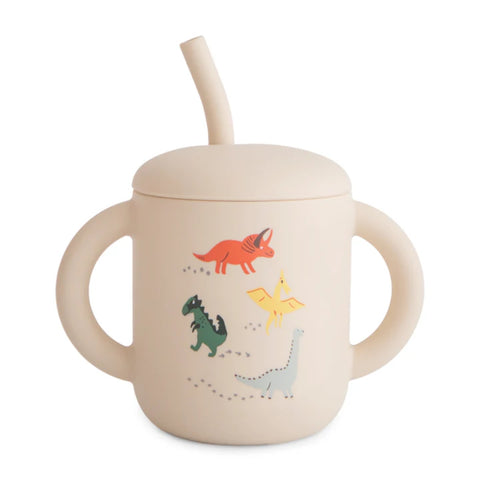 Copo Infantil Mushie Com Alças e Canudo Dinosaurs