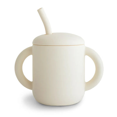 Copo Infantil Mushie Com Alças e Canudo Ivory - Fácil de Limpar