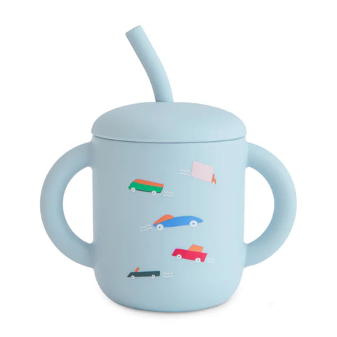 Copo Infantil Mushie Com Alças e Canudo Retro Cars