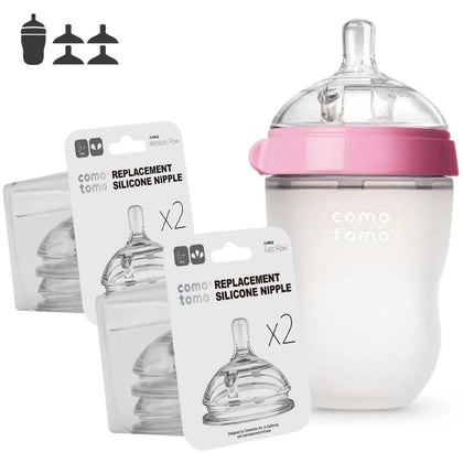 Kit Mamadeira Comotomo Rosa 250ML + Bico fluxo médio e Fluxo rápido