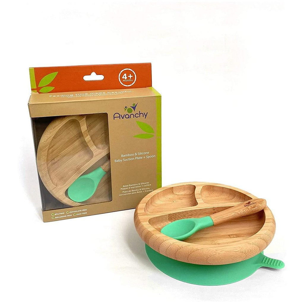 Prato de Bambu Com Ventosa e Divisórias + Colher Avanchy Verde – Babytunes