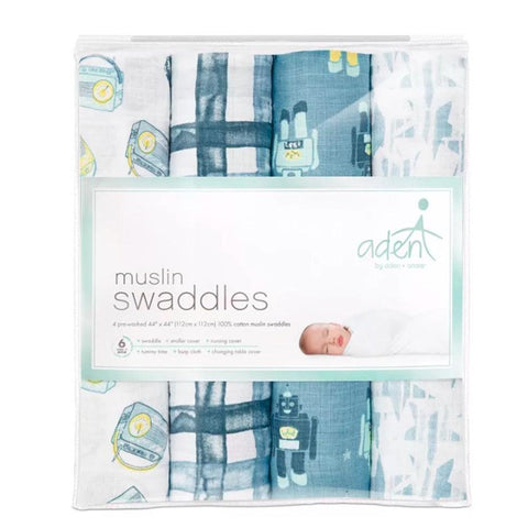 Cueiro Swaddles Kit 4 Peças Aden + Anais Robozinhos - Aden Babytunes